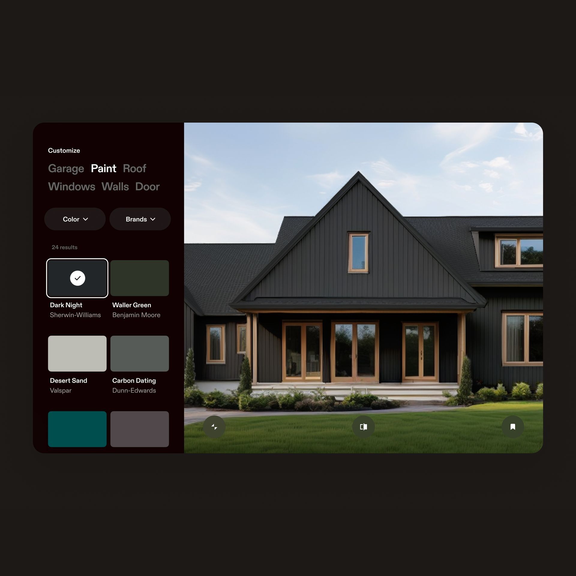 HOVER 3D home visualizer showing roof and siding color options on a 3D model of a house